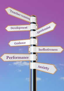 Image of a road signpost, pointing in different directions to teacher training, development, apprehension, guidance, ineffectiveness, performance and anxiety.